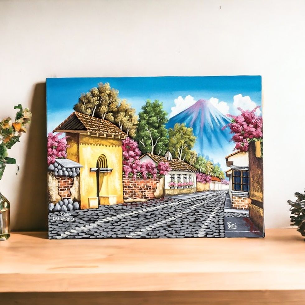 Signed Painting in Oils of a Guatemalan Town 'Calle de las Animas II'