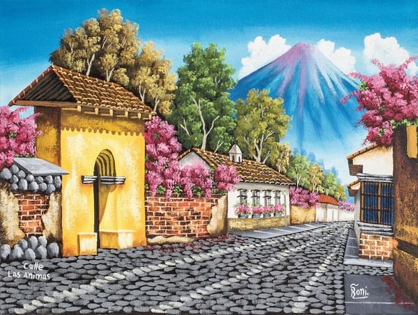 Alternate image for Signed Painting in Oils of a Guatemalan Town Calle de las Animas II
