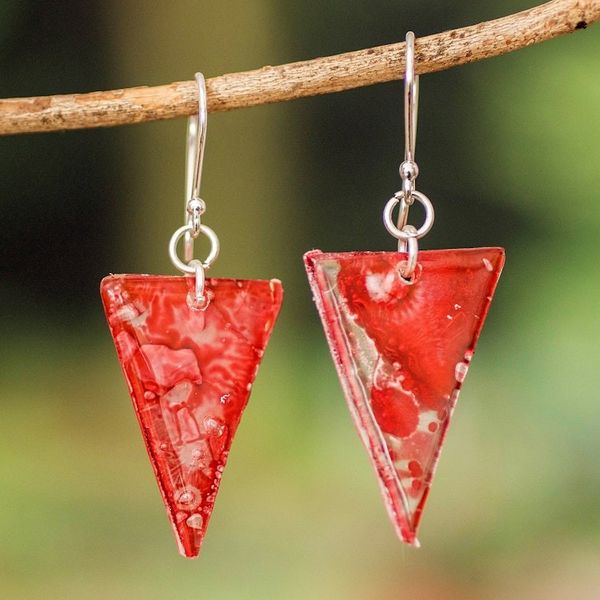 Alternate image for Pink Triangular Recycled CD Dangle Earrings from Guatemala Pink Triangles