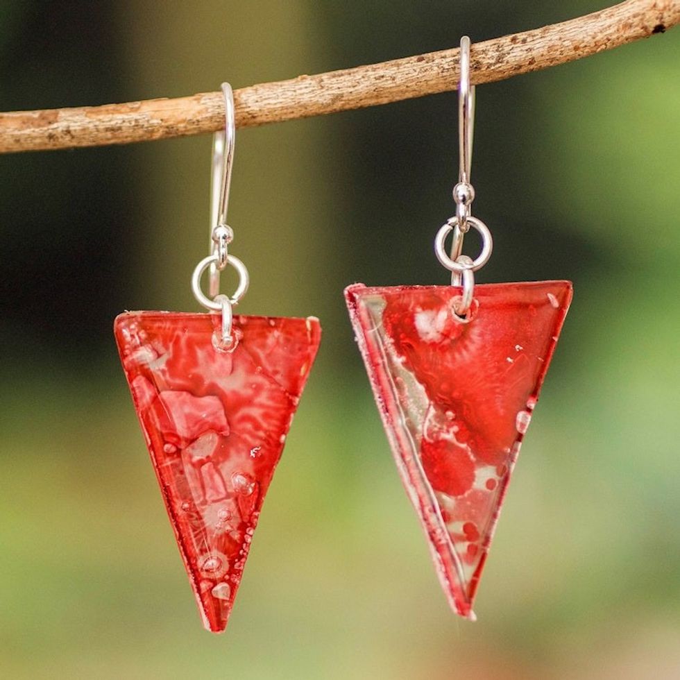 Pink Triangular Recycled CD Dangle Earrings from Guatemala 'Pink Triangles'