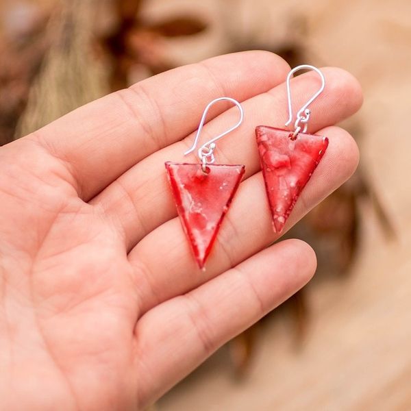 Alternate image for Pink Triangular Recycled CD Dangle Earrings from Guatemala Pink Triangles