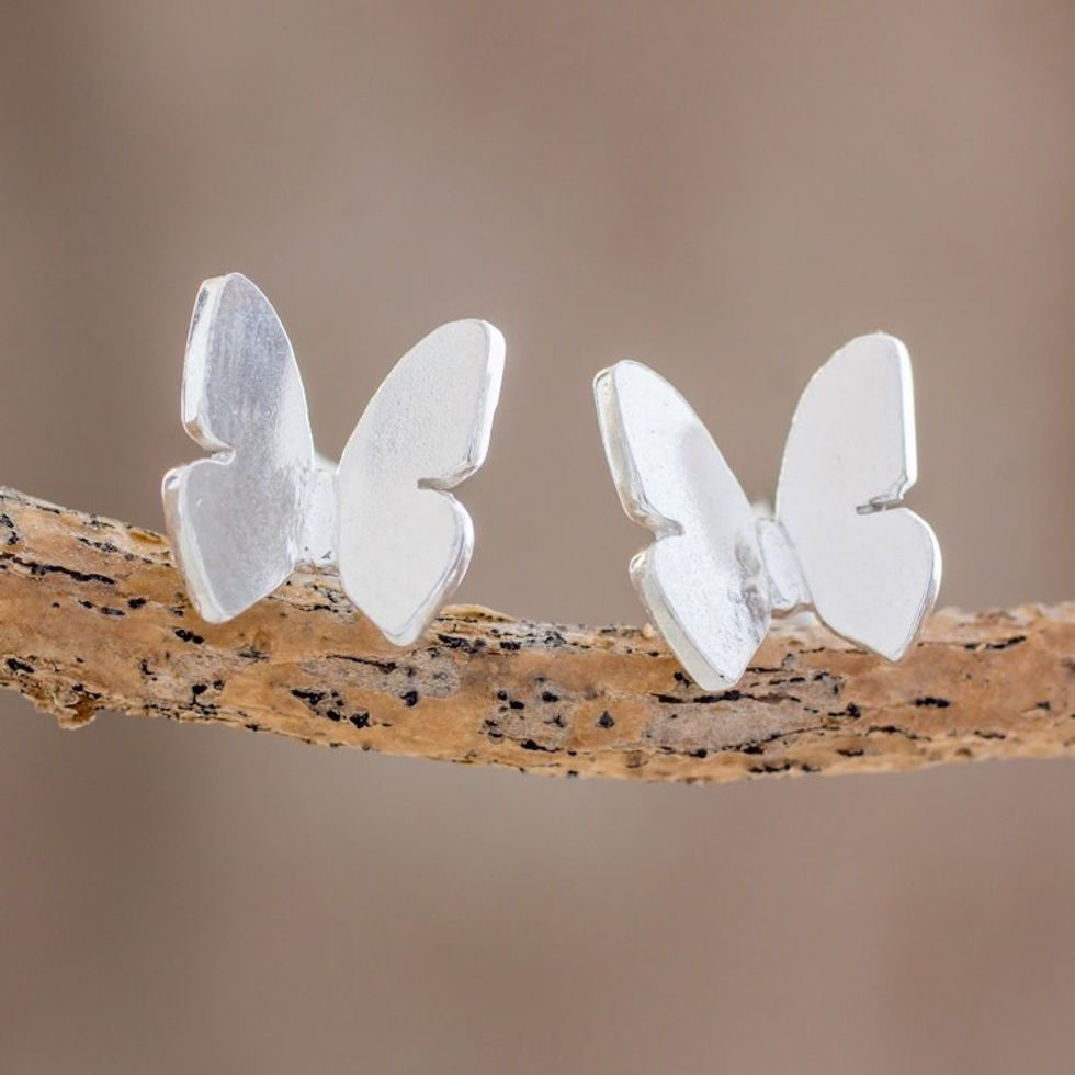 Handcrafted Sterling Silver Butterfly Button Earrings 'Butterfly Repose'