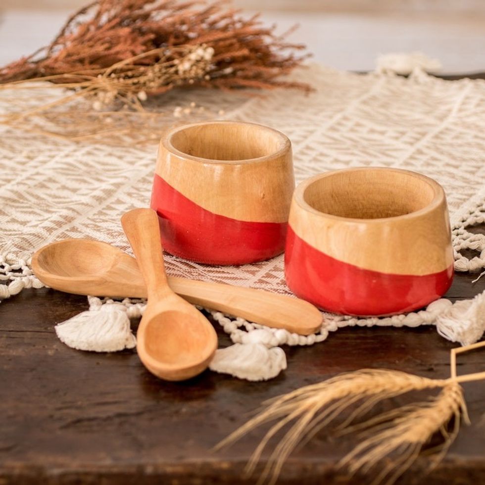 Salsa Bowls and Spoons Hand Crafted pair 'Spicy Red'