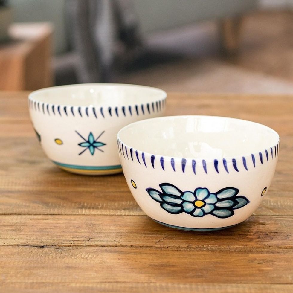Artisan Crafted Ceramic Bowls with Floral Motif Pair 'Bermuda Star'
