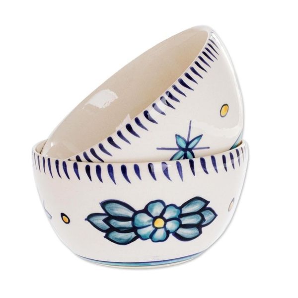 Alternate image for Artisan Crafted Ceramic Bowls with Floral Motif Pair Bermuda Star