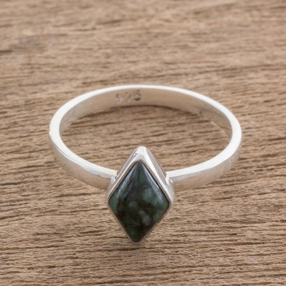 Rhombus Dark Green Jade Single Stone Ring from Guatemala 'Love Rhombus in Dark Green'