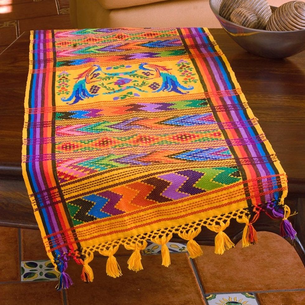 Handwoven Cotton Bird Table Runner 'Yellow Quetzal'