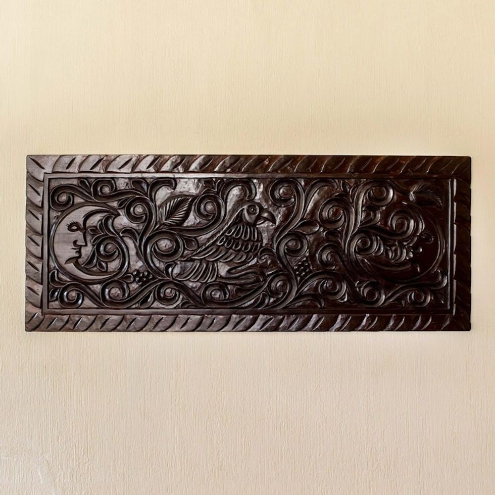 Artisan Crafted Wood Wall Panel with Parrot and Moon Motif 'Parrot'