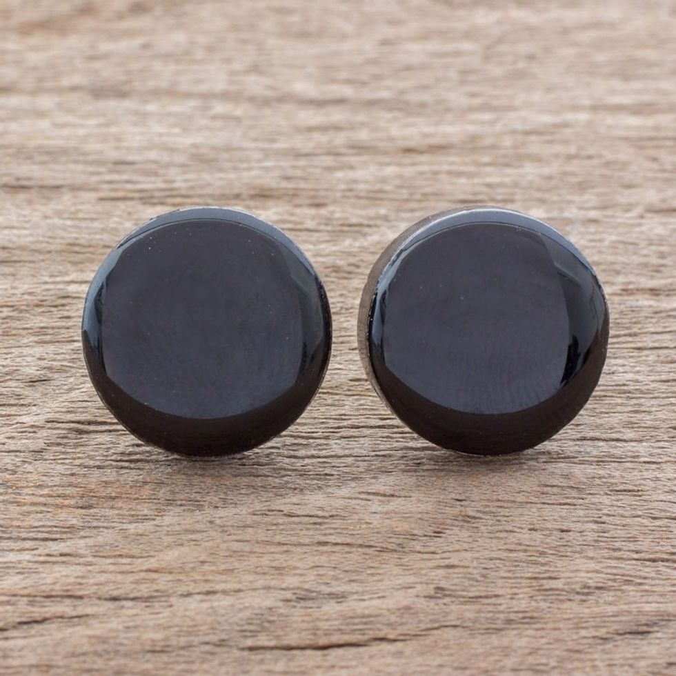 Black Art Glass Circle Button Earrings from Costa Rica 'Evening Pools'