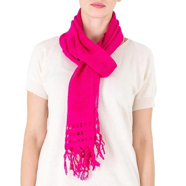 Alternate image for Handwoven Fringed Cotton Scarf in Cerise from NIcaragua Sweet Femininity in Cerise