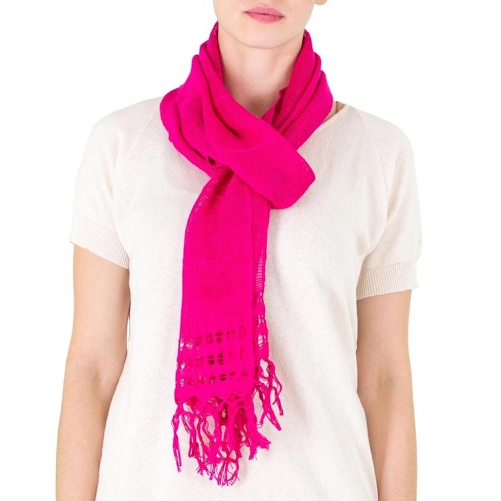 Handwoven Fringed Cotton Scarf in Cerise from NIcaragua 'Sweet Femininity in Cerise'