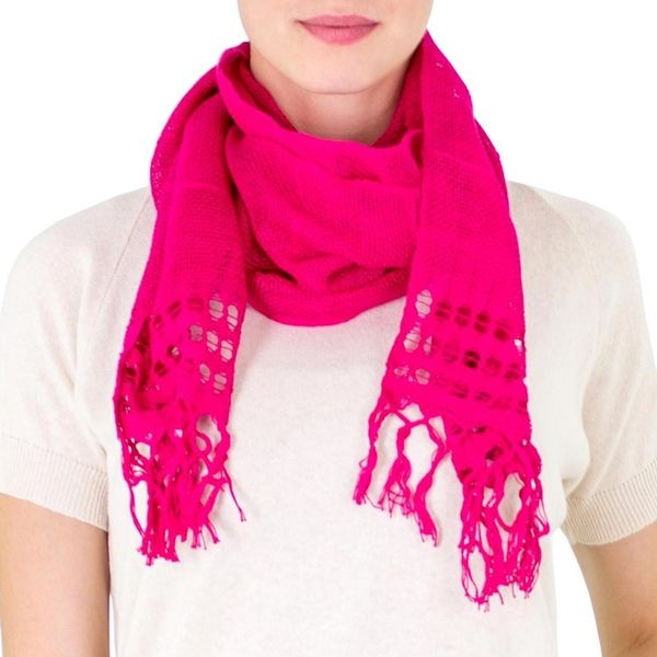 Alternate image for Handwoven Fringed Cotton Scarf in Cerise from NIcaragua Sweet Femininity in Cerise