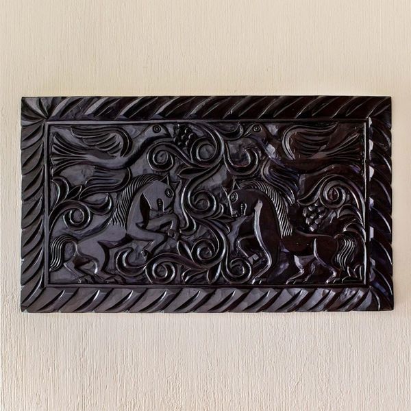 Alternate image for Artisan Crafted Wood Relief Panel Featuring Birds and Horses Equestrian Nobility
