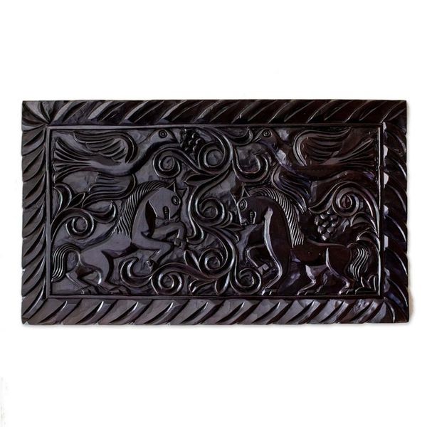 Alternate image for Artisan Crafted Wood Relief Panel Featuring Birds and Horses Equestrian Nobility