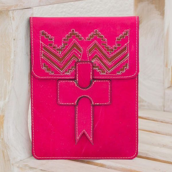 Alternate image for Handcrafted Leather Portfolio in Cerise from Nicaragua Ancient Zigzags