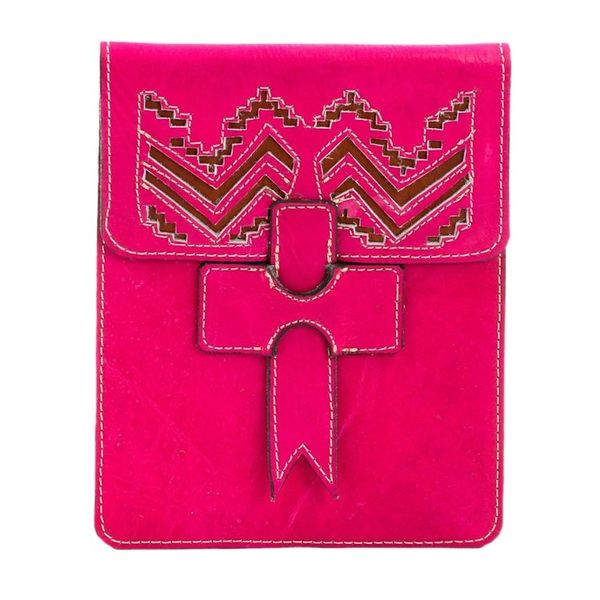 Alternate image for Handcrafted Leather Portfolio in Cerise from Nicaragua Ancient Zigzags