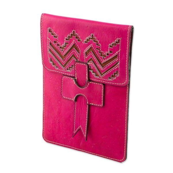 Alternate image for Handcrafted Leather Portfolio in Cerise from Nicaragua Ancient Zigzags