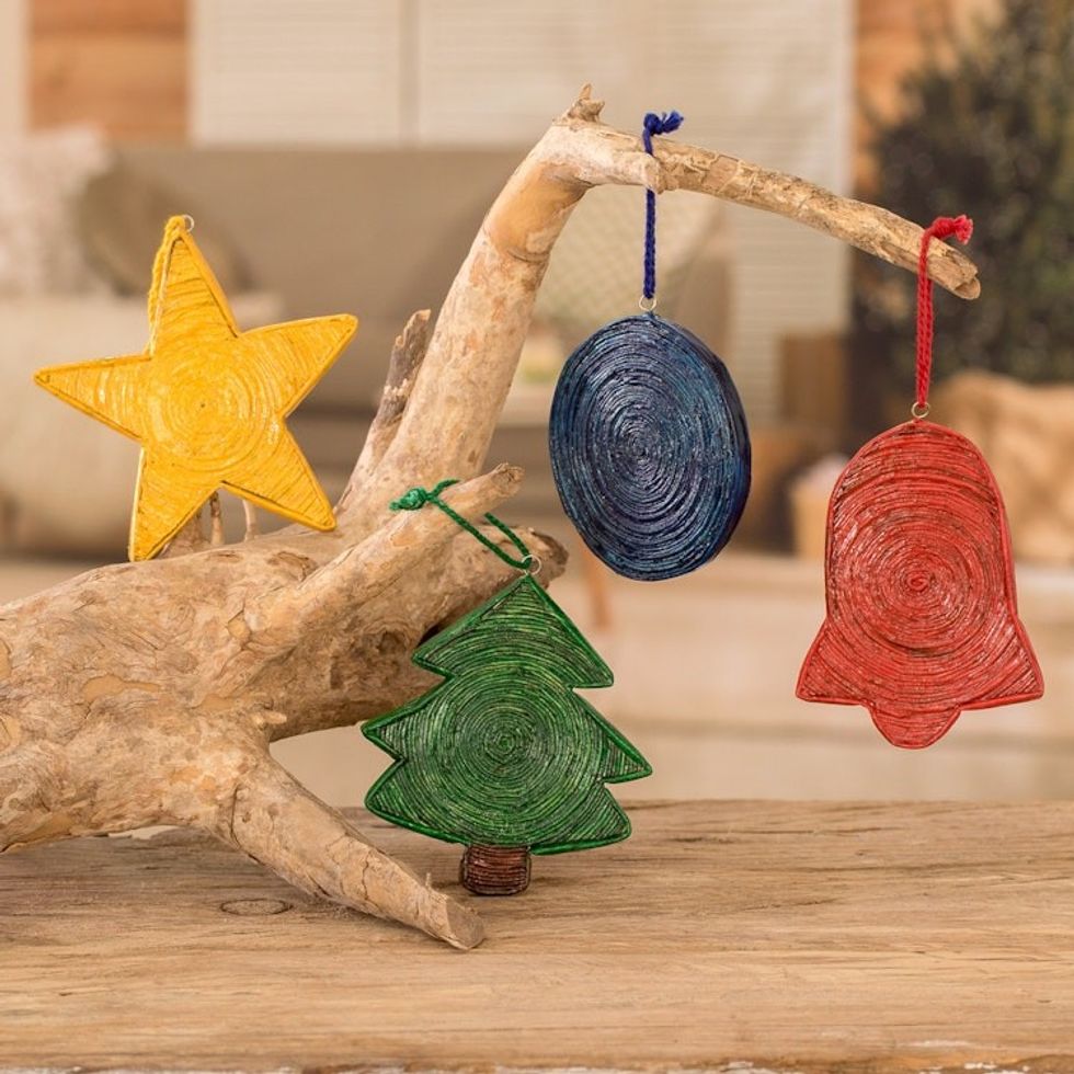 Handcrafted Recycled Paper Christmas Ornaments set of 4 'Joyous Christmas'