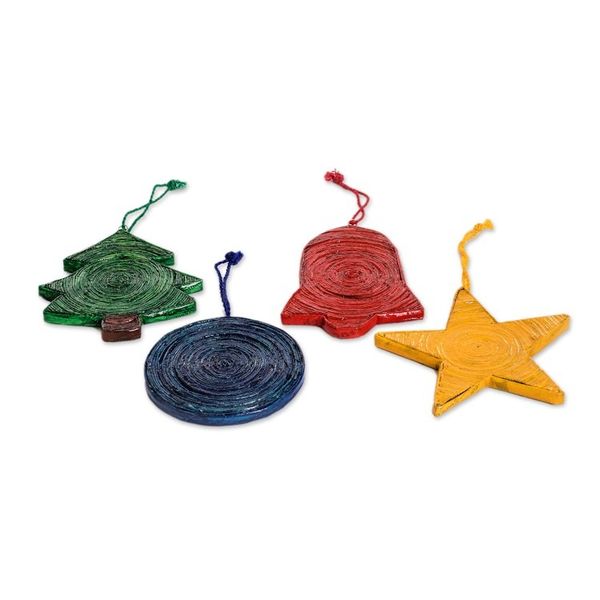 Alternate image for Handcrafted Recycled Paper Christmas Ornaments set of 4 Joyous Christmas