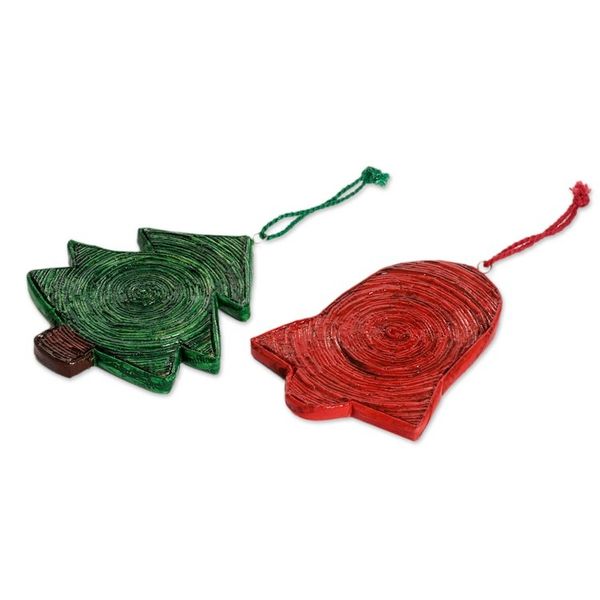 Alternate image for Handcrafted Recycled Paper Christmas Ornaments set of 4 Joyous Christmas