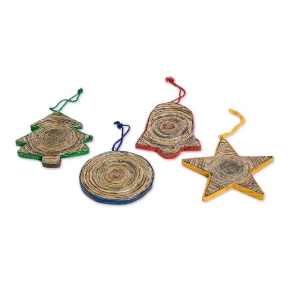 Alternate image for Handcrafted Recycled Paper Christmas Ornaments set of 4 Joyous Christmas