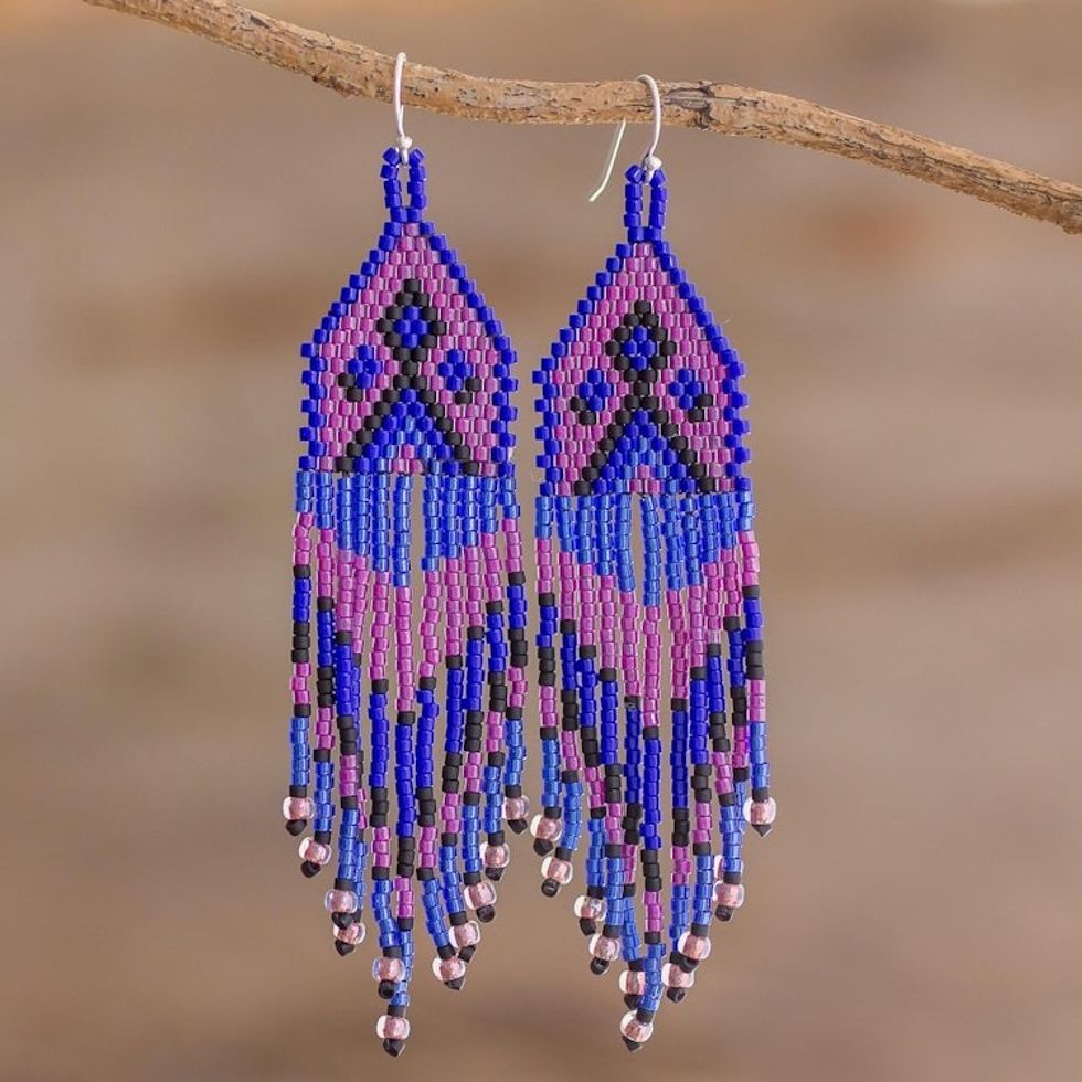 Blue and Purple Woven Bead Waterfall Earrings 'Peaks and Valleys in Purple'