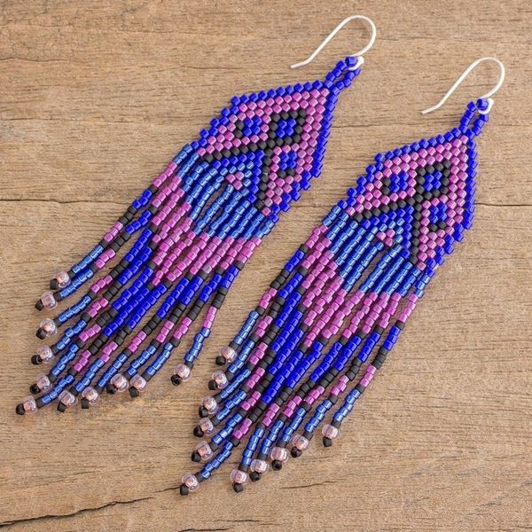 Alternate image for Blue and Purple Woven Bead Waterfall Earrings Peaks and Valleys in Purple