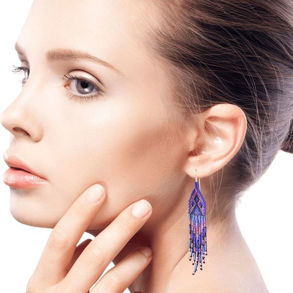 Alternate image for Blue and Purple Woven Bead Waterfall Earrings Peaks and Valleys in Purple