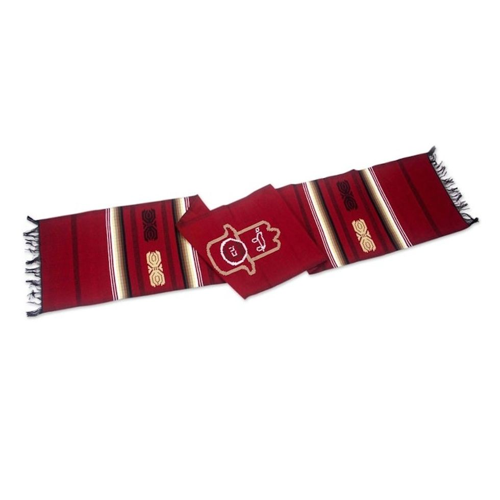 Hand of Fatima Hamsa Cotton Table Runner Handmade 'Red Hamsa'