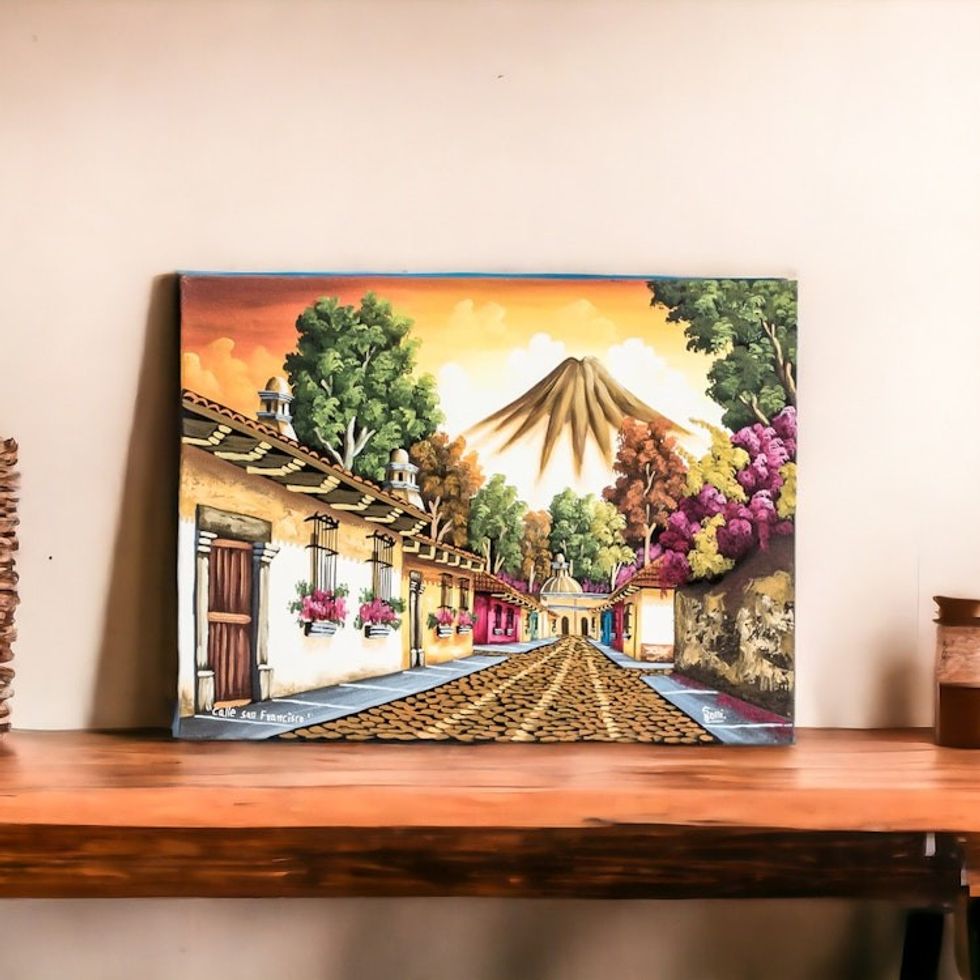 Guatemala Signed Oil on Canvas Painting in Yellows 'Calle San Francisco'