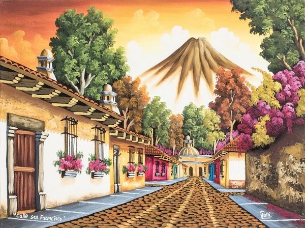 Alternate image for Guatemala Signed Oil on Canvas Painting in Yellows Calle San Francisco