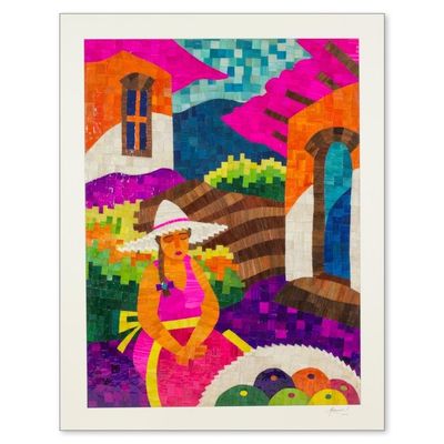 Alternate image for Womans Portrait Signed Natural Fiber Collage Composition Selling Tropical Fruit