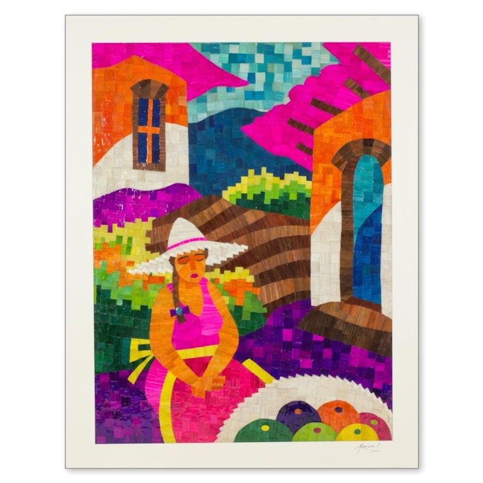 Woman's Portrait Signed Natural Fiber Collage Composition 'Selling Tropical Fruit'