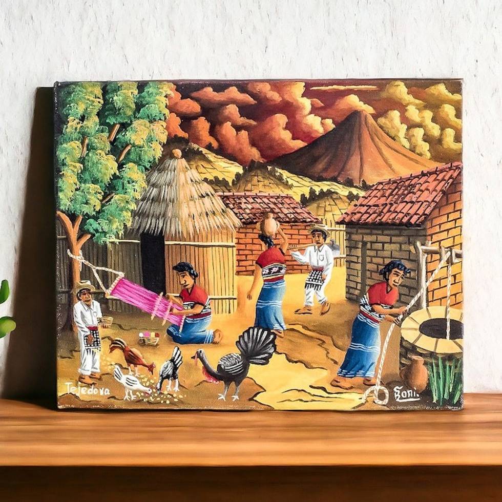 Colorful Oil Painting of a Village Scene in Guatemala 'Weaver'