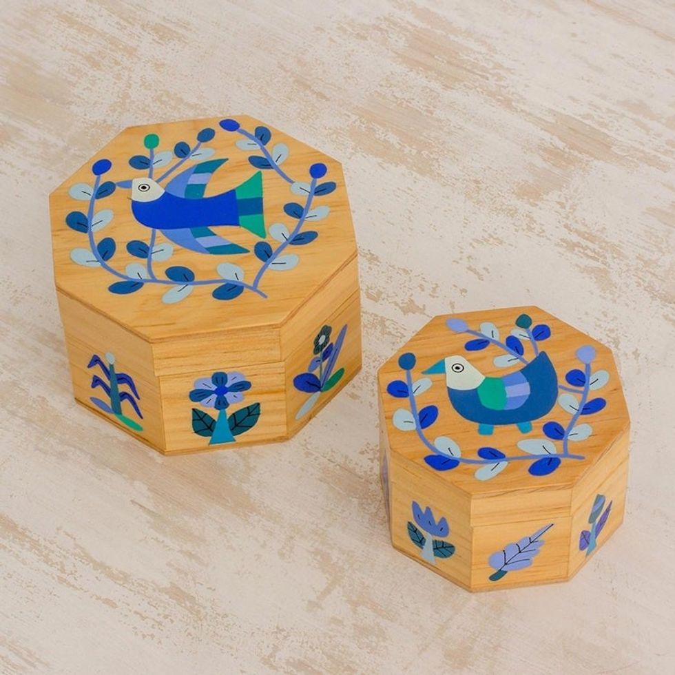 Pair of Pinewood Decorative Boxes with Bird Motifs in Blue 'God's Nature in Blue'