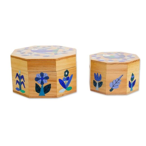 Alternate image for Pair of Pinewood Decorative Boxes with Bird Motifs in Blue Gods Nature in Blue