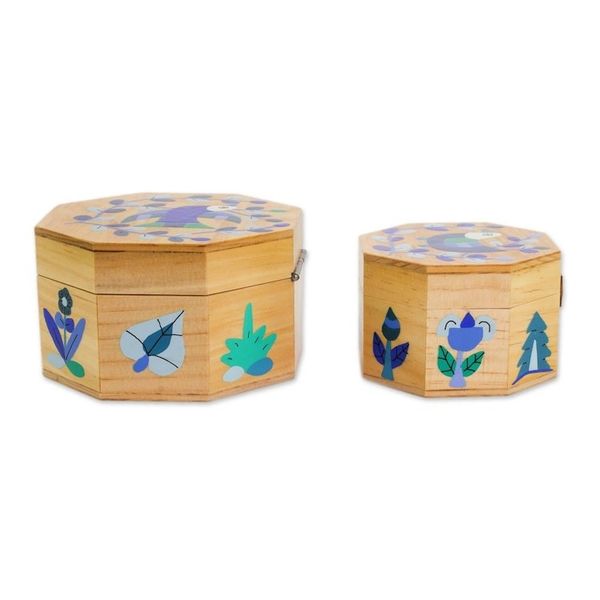 Alternate image for Pair of Pinewood Decorative Boxes with Bird Motifs in Blue Gods Nature in Blue