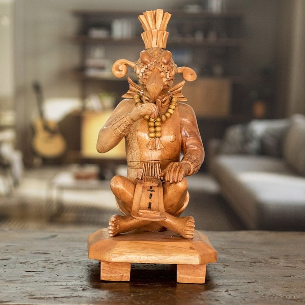 Maya Cedar Wood Replica Sculpture of the Palenque Bird Man 'Maya Bird Man from Palenque'