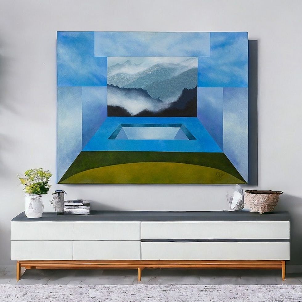 Costa Rican Geometric Themed Mountain Landscape Painting 'Cold, Cold'
