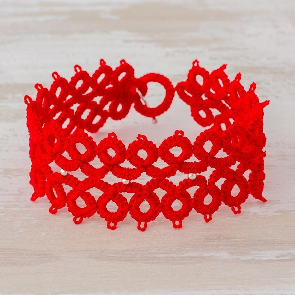 Hand-Tatted Wristband Bracelet in Poppy from Guatemala 'Tracing History in Poppy'