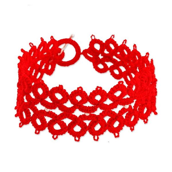 Alternate image for Hand-Tatted Wristband Bracelet in Poppy from Guatemala Tracing History in Poppy