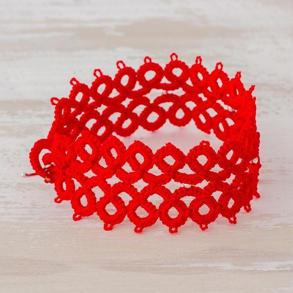 Alternate image for Hand-Tatted Wristband Bracelet in Poppy from Guatemala Tracing History in Poppy