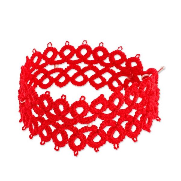 Alternate image for Hand-Tatted Wristband Bracelet in Poppy from Guatemala Tracing History in Poppy