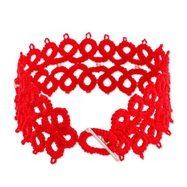 Alternate image for Hand-Tatted Wristband Bracelet in Poppy from Guatemala Tracing History in Poppy