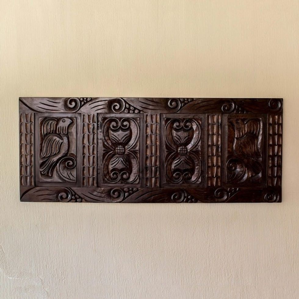 Artisan Crafted Pine Wood Wall Panel with Bird Motif 'Birds and Flora'