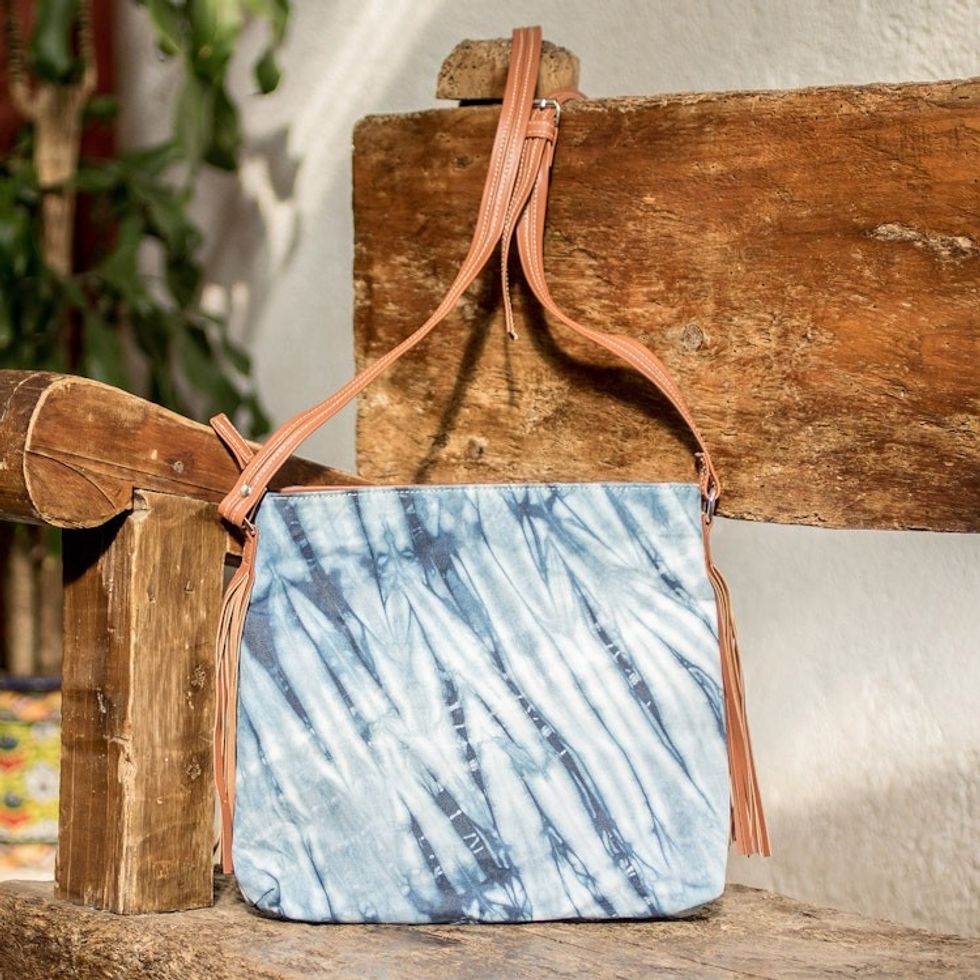 White Cotton Shoulder Bag with Indigo Waves and Leather Trim 'Indigo Waves'