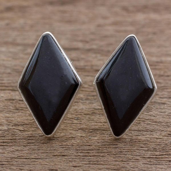 Alternate image for Modern Guatemalan Black Jade Post Earrings Midnight Maya Diamond