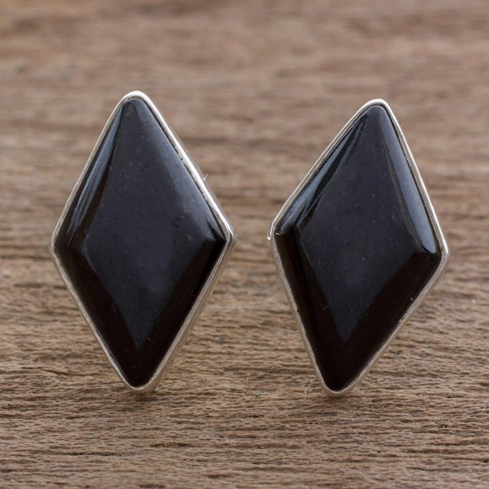Modern Guatemalan Black Jade Post Earrings 'Midnight Maya Diamond'