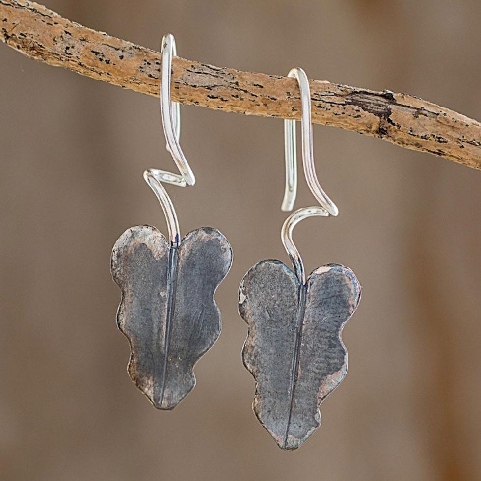 Oxidized Sterling Silver Leaf Earrings from Costa Rica 'Dark Twisting Leaves'