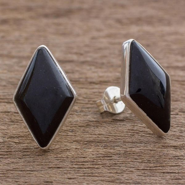 Alternate image for Modern Guatemalan Black Jade Post Earrings Midnight Maya Diamond